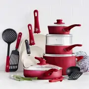 GreenLife 16 Pc Ceramic Cookware Set Healthy Soft Grip Frying Pans Red