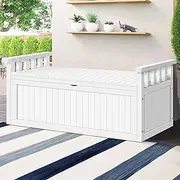 ALFORDSON Outdoor Wooden Bench Storage Box 200L Capacity, Durable Fir Wood Cabinet Garden Seatwith Tool Chest Toy Storages Container for Patio Garden Lawn Balcony, 320kg Weight Capacity White Color