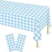 3Pcs Light Blue Checkered Tablecloth, 54 ×108 Inches Rectangle Blue Gingham Tablecloth, Plastic Waterproof Table Cover for Camping, Birthday, Party, Picnic, Outdoor & Indoor Use