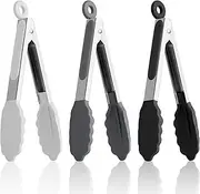 7 Inch Mini Tongs, Pack of 3 Short Small Silicone Tongs, Stainless Steel Tongs with Silicone Tips for Cooking, Barbecue, Buffet Serving (7", Black/Grey/White)