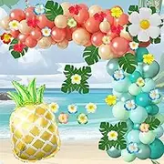 Tropical Balloon Garland Arch Kit,12", 10", 5" Rose Gold, Blush Blue Balloons with Artificial Palm Leaves, Plumeria, Perfect for Moana Theme Birthday, Baby Shower, Hawaii Luau Party Decorations