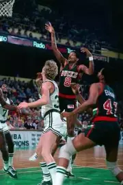 Marques Johnson Milwaukee Bucks takes a shot against Larry Bird Bo- Old Photo