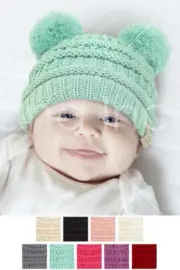 C.C Baby Infant Solid Color Knit Warm Soft Double Beanie Skull Hat with Pom Pom