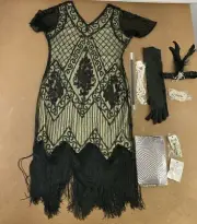 Women's Large Black Beige Sequin Fringe Flapper Dress & Accessory Set 9 Pieces