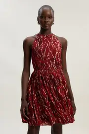 Printed Metallic Viscose Georgette Thread Halter Woven Mini Dress