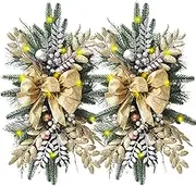 Christmas Teardrop Swags Gold Christmas Wreath with LED Lights Yellow & White Balls Wreaths Garlands for Front Door Wall Window Stair Home Decor Stairs Decorations-