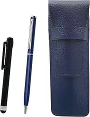 SASL-ALB-PD04-L Grain Leather Pen Case Blue Metal Touch Stick Black and Slim Swivel Ballpoint Pen Set Blue