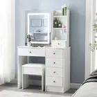 White 6-Drawers Vanity Table Set Large LED Lighted Mirror Dressing Table & Stool