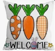 Bunny Carrots Welcome Whimsical Spring Easter Throw Pillow Cover Home Decor