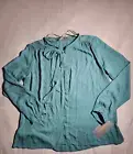 Zara Basic Top Womens Medium Teal Long Sleeve Tie Ribbon Front Button Down NWT