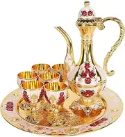Vintage Turkish Coffee Pot Set for 8 Including Tray and Teapot, Metal Cups,Teapot and Cup Set, Metal Turkish Tea Set Zinc Alloy Wine Cupsfor Tea Table Decor, Collection