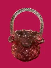 FENTON VINTAGE CRANBERRY PINK BASKET, APPLIED CLEAR TWISTED ROPE HANDLE