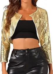 [Allegra K] Women's Sparkly Cropped Cardigan Sequin Shrug Metallic Long Sleeve Crop Bolero