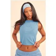 Steel Blue Smile Embossed Racer Longline Top, Steel Blue