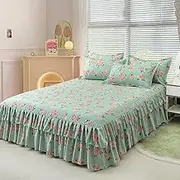Double Layers Ruffled Bedspread Sheet Set Floral Bed Skirt and Pillow Shams Set, 200 x 220 x 35 cm, Light Green
