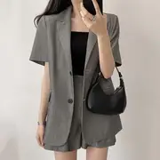 Set: Short-Sleeve Plain Single-Button Blazer + High Waist Dress Shorts Set of 2 - Blazer & Shorts - Gray - S