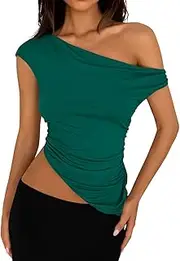 [Generic] Womens Long Sleeve Too The Shoulder Crop Tops Sleeveless One Shoulder Ruched Asymmetrical Going Out Tank Top Womens Tops Short Sleeve Casual
