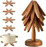 Miss Rui Wooden Trivets for Hot Dishes Set of 4 Tree Shaped Coasters for Table and Kitchen Counter, Walnut Tree Mats for Pot Bowl Pan Coffee