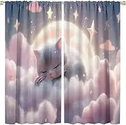 Hazuff Cartoon Cat Decor Curtains, Pink Clouds Stars and Moon Cute Cat Sleeping Pattern Windows Treatments, Thermal Insulation Rod Pocket Drapes for Girls Kids Living Room Bedroom 42x45in