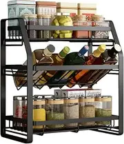 Oscrobie Detachable Kitchen Spice Oil Rack Metal Spice Seasoning Organizer Kitchen Countertop standing Storage Organizer for Spice Jar, Condiments, Seasoning, Olive Oil, Wine Bottle (3 Tier-Black)