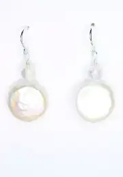 Pearl White 15mm Coin Shape & Quartz Natural .925 Sterling Silver Earrings 1.50"