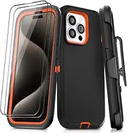 JGS for iPhone 15 Pro Max Case 6.7", Military Grade 3 in 1 Heavy Duty Shockproof/Drop Proof Case with 2 PCS Tempered Glass Screen Protector, includes Holster Clip Kickstand (Black Orange)