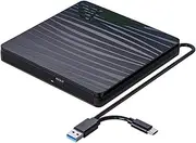 External CD/DVD Drive for Laptop, USB 3.0 & Type-C Portable CD DVD +/-RW Burner Optical Drive Reader Writer DVD Player Easy Install