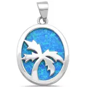 Solid Blue Opal With Palm Tree Design .925 Sterling Silver Pendant