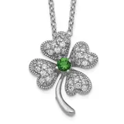 Sterling Silver Cheryl M Rhodium-Plated Brilliant-Cut Green Glass And White Cz Four Leaf Clover 18 Inch Necklace
