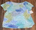 Croft & Barrow Smocked Top Teal Leaf Scoop Neck with Elastic Sleeve Hem
