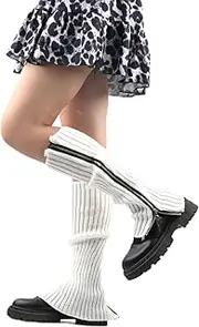 [AWOCAN] Leg Warmers for Women Boot Knit Stack Zipper Socks High Knee Socks 80s Neon Ribbed leg socks outfit for Dance Yogo Dress, WHITE, One Size