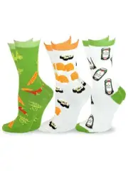 TeeHee Women's Foods Crew Socks 3-Pack (Sushi and Beer Can)