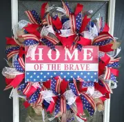 XL Patriotic 4th of July Home of the Brave Deco Mesh Front Door Wreath Home RWB