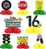Funmemoir 16th Birthday Decorations for Boys Driver License 8PCS Speed Limit 16 Birthday Honeycomb Centerpieces Officially a Driver Road Signs Table Decorations