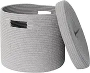 HONCESTA Gray Basket with Lid, 15” x 13” Woven Storage Basket for Blankets, Toys, Pillows, Towels, Living Room Bedroom Storage Bin, Round Rope Basket with Lid, Wicker Baskets for Organizing