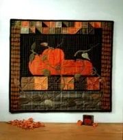Fall Harvest Wall Quilt 3 Pumpkins w Vines Patch Pattern Primitive Folk Art Vtg