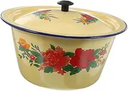 PartyKindom Vintage Enamel Basin with Lid Retro Enamel Soup Bowl for Food Storage Decorative Basin for Kitchen Cold Meat Storage Home Decor