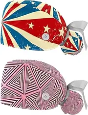 [WOSHJIUK] Working Hat 2 Pack Scrub Caps for Women,Psychedelic Streak Vision,Tie Back Cap Adjustable Scrub Hat