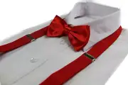 Mens 2 Piece: Red Adjustable Mens Ladies Suspenders Braces + Pre-Tied Bow Tie