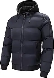 [Generic] Men's Thicken Puffer Jacket Warm Hooded Water-Resistant Puffer Coat Lightweight Winter Padded Jacket