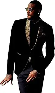 [Profan] Man Suit Premium Formal Jacquard Gold Paisley Floral Pattern Shawl Lapel Slim Fit Tuxedo Prom Wedding Groom Suits(Black,56)