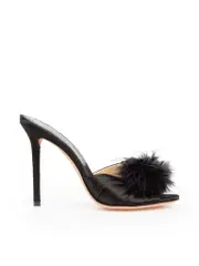Black Satin Feather Mules