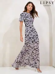 Purple Floral Puff Sleeve Chiffon Underbust Maxi Dress (F00771) | $150