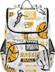 [AIXIWAWA] Kids School Bag Backpack (Basketball Pattern), Large Capacity Causal Daypack with Bottle Pockets Reflective Strips for Boys Girls Adults 12.2 x 7.87 x 16.14 inches, Yellow