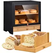 Bamboo Bread Box with Bread Slicer, Corner Bread Box for Kitchen Countertop, ...