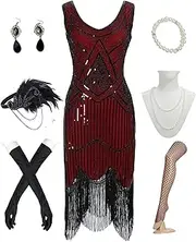 [daizbella] Women's 1920s Flapper Dress Sequin Bead Fringed Cocktail Dress Roaring Outfits with 20s Accessories Set
