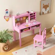 CostwayKids Desk and Chair Set with Hutch and Cork Bulletin Board-Pink
