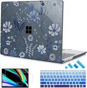 [Tuiklol] Case for 15 Inch Microsoft Surface Laptop 5/4/3 2022-2020, Model 1979/1953/1872/1873 Hard Shell Cover, Keyboard Cover+Screen Protector+Dust Plugs,Blue Line Floral