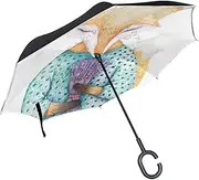Double Layer Inverted Umbrella Cars Reverse Umbrella Fox Lavender Watercolor Windproof UV Proof Travel Outdoor Umbrella