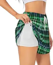 [WURTON] Blue and Green Scottish Tartan Print Exercise Gym Workout Shorts Women's Athletic Shorts Dual-Layered Yoga Running Shorts